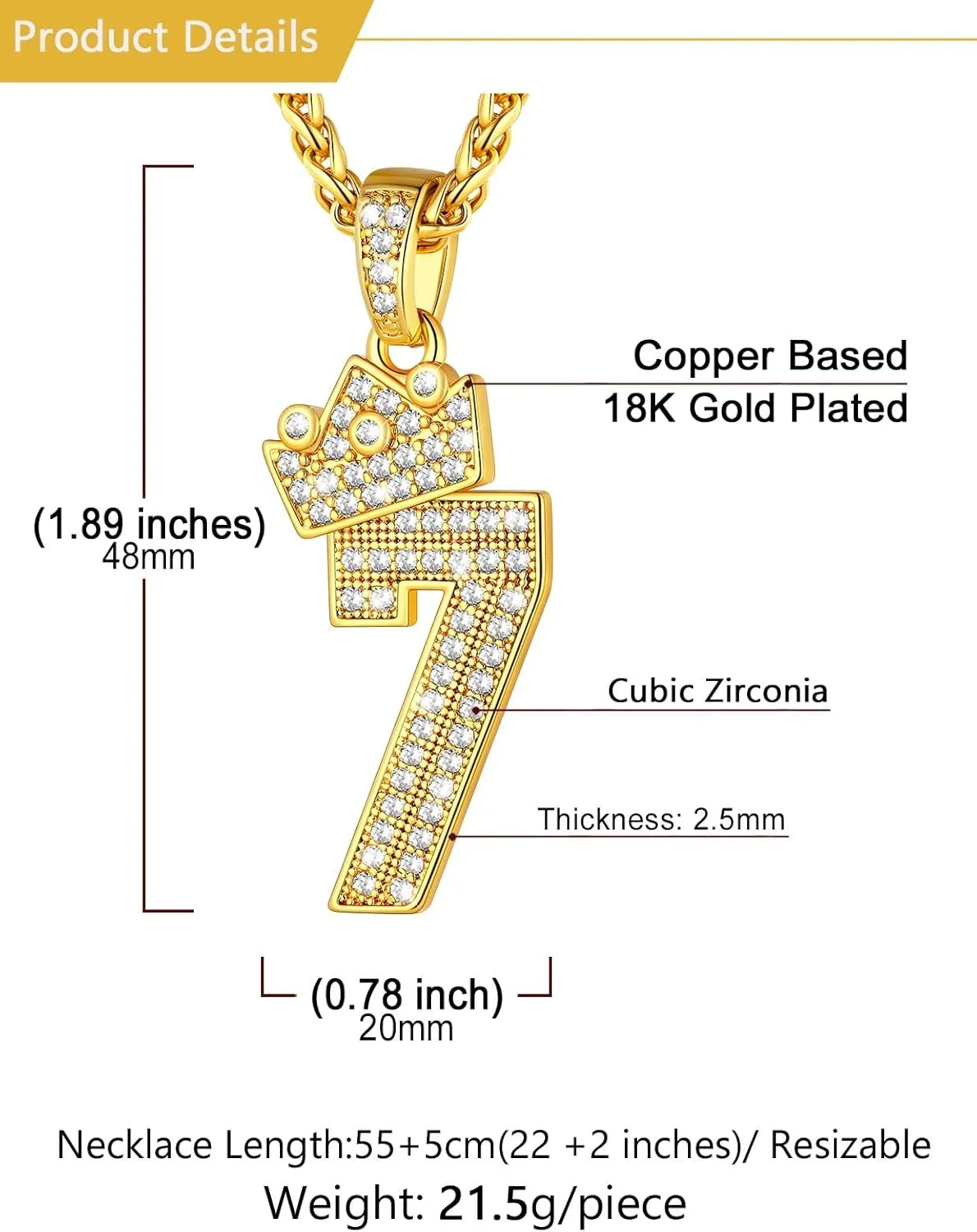 U7 Crown Number Necklace for Men Women 18K Gold Plated Bling CZ Number Chain 0-9,Hip Hop Jewelry for Rapper,with Wheat Chain 22"-24"