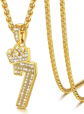 U7 Crown Number Necklace for Men Women 18K Gold Plated Bling CZ Number Chain 0-9,Hip Hop Jewelry for Rapper,with Wheat Chain 22"-24"