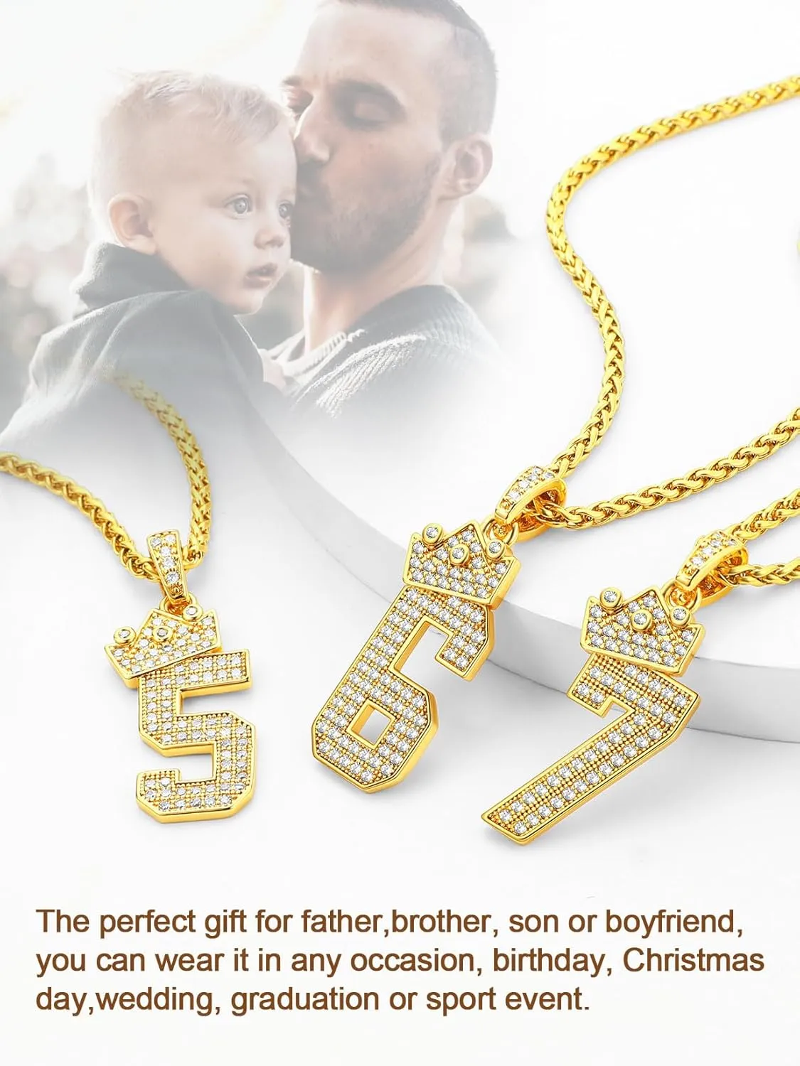 U7 Crown Number Necklace for Men Women 18K Gold Plated Bling CZ Number Chain 0-9,Hip Hop Jewelry for Rapper,with Wheat Chain 22"-24"