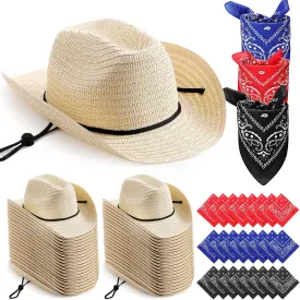 Unittype 48 Set Straw Cowboy Hats with Paisley Bandanas Set Rodeo Cowboy Party Accessories 48 Straw Hats Black Red Blue Bandanas for Western Birthday