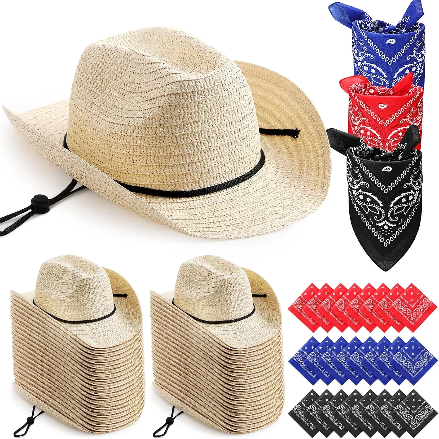 Unittype 48 Set Straw Cowboy Hats with Paisley Bandanas Set Rodeo Cowboy Party Accessories 48 Straw Hats Black Red Blue Bandanas for Western Birthday
