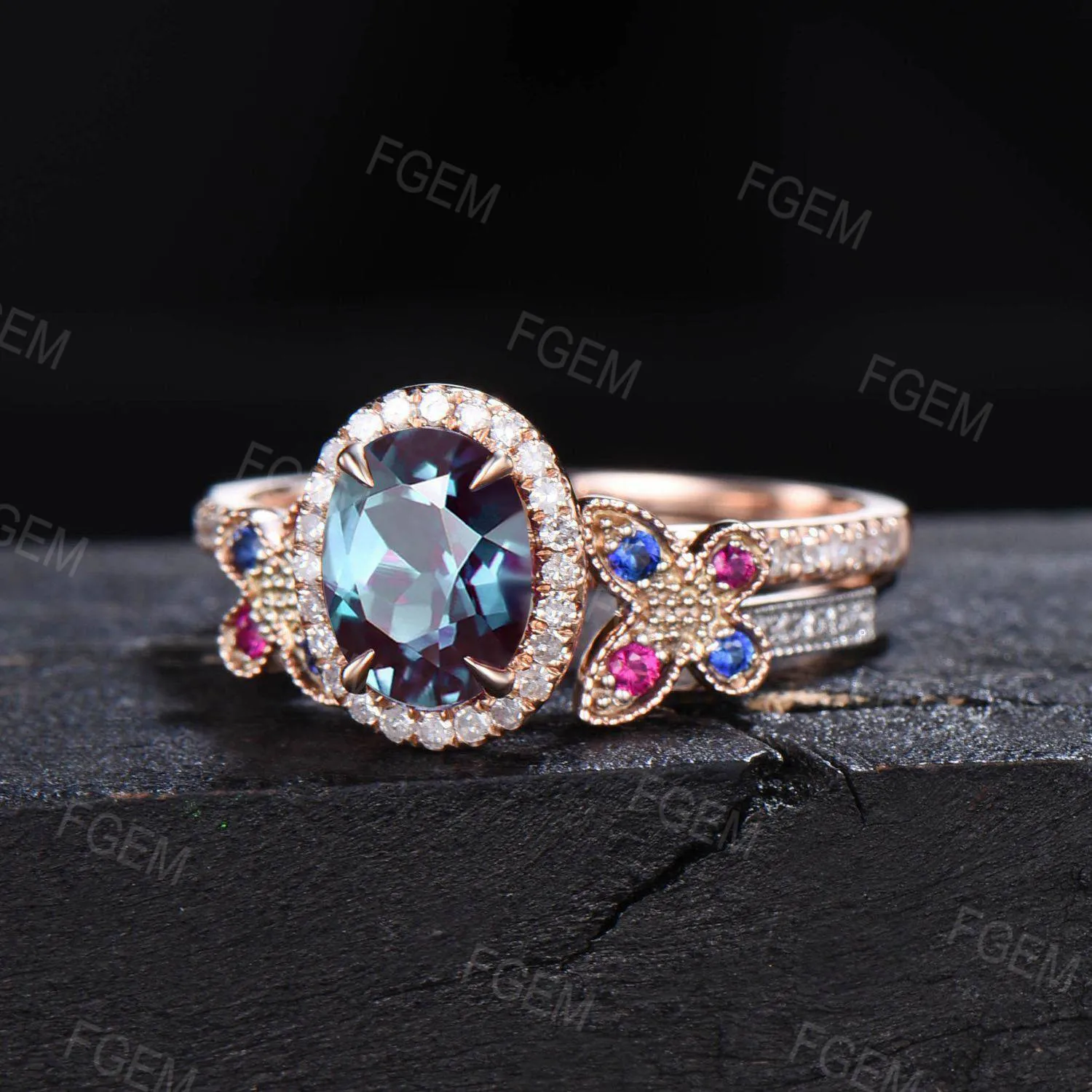 Vintage Oval Cut Alexandrite Engagement Ring Set 14K Rose Gold Butterfly Wedding Ring Halo Moissanite Bridal Set Sapphire Ruby Proposal Ring