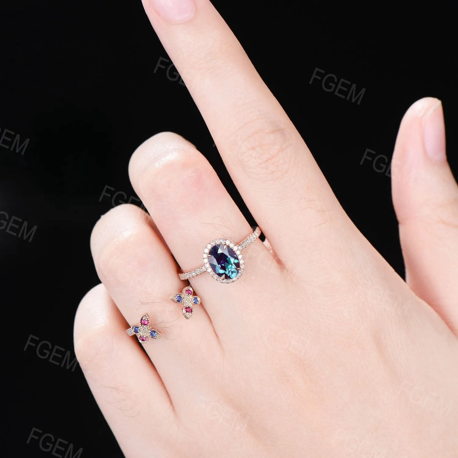 Vintage Oval Cut Alexandrite Engagement Ring Set 14K Rose Gold Butterfly Wedding Ring Halo Moissanite Bridal Set Sapphire Ruby Proposal Ring