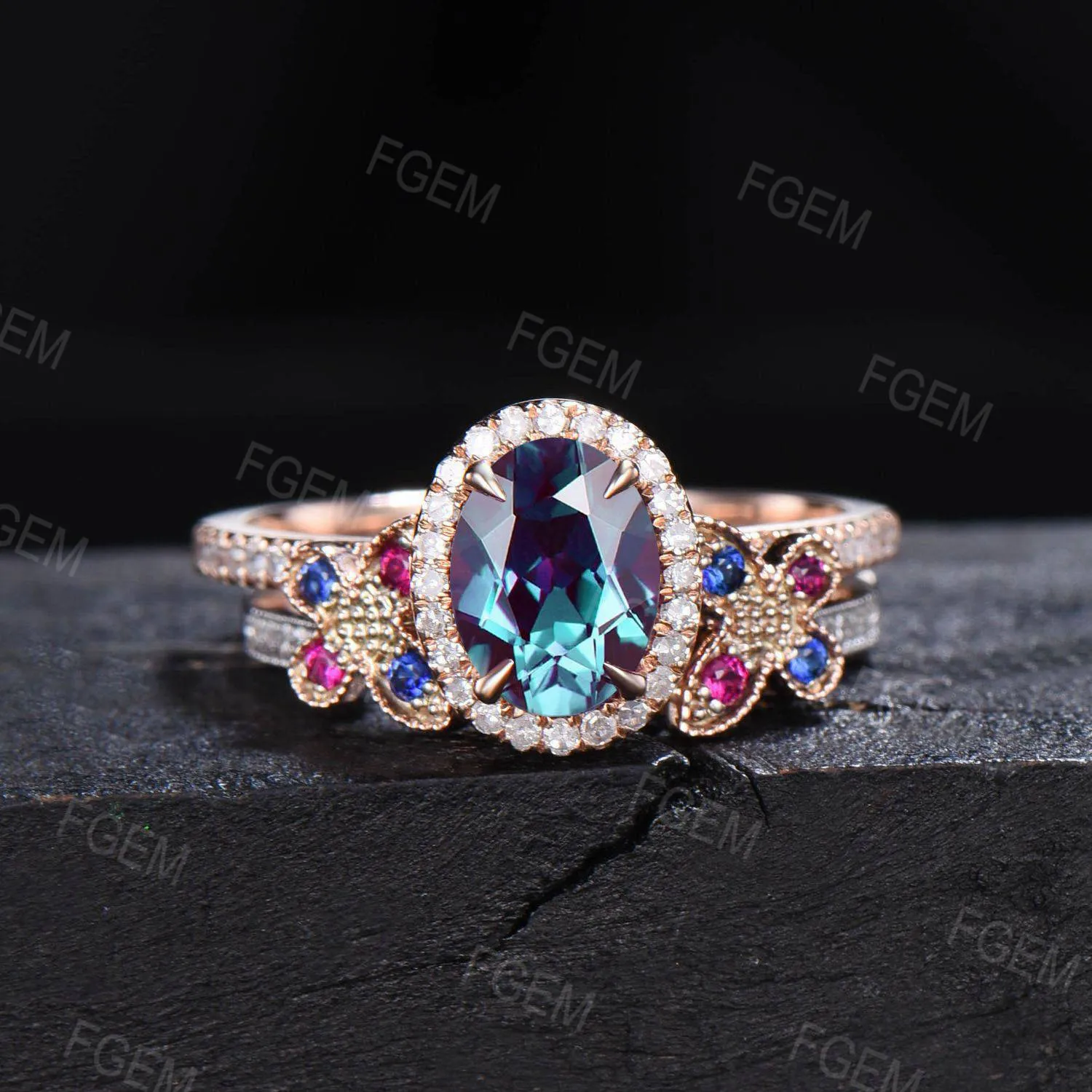 Vintage Oval Cut Alexandrite Engagement Ring Set 14K Rose Gold Butterfly Wedding Ring Halo Moissanite Bridal Set Sapphire Ruby Proposal Ring