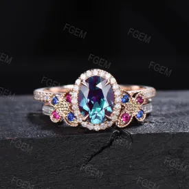 Vintage Oval Cut Alexandrite Engagement Ring Set 14K Rose Gold Butterfly Wedding Ring Halo Moissanite Bridal Set Sapphire Ruby Proposal Ring