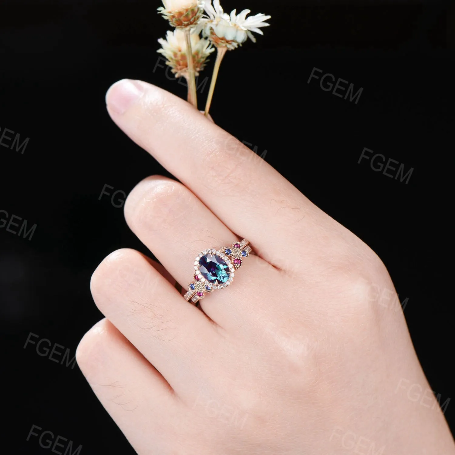 Vintage Oval Cut Alexandrite Engagement Ring Set 14K Rose Gold Butterfly Wedding Ring Halo Moissanite Bridal Set Sapphire Ruby Proposal Ring