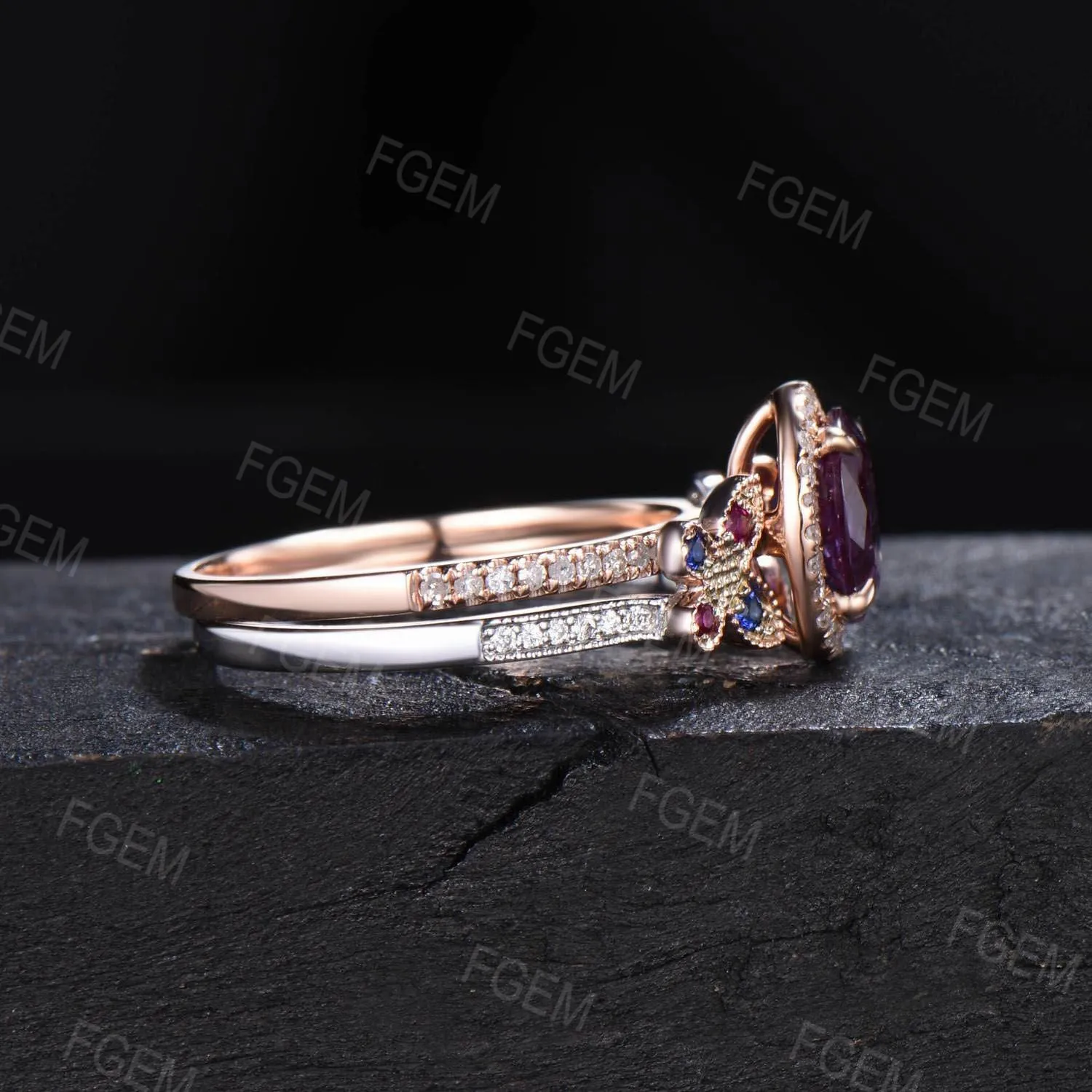Vintage Oval Cut Alexandrite Engagement Ring Set 14K Rose Gold Butterfly Wedding Ring Halo Moissanite Bridal Set Sapphire Ruby Proposal Ring