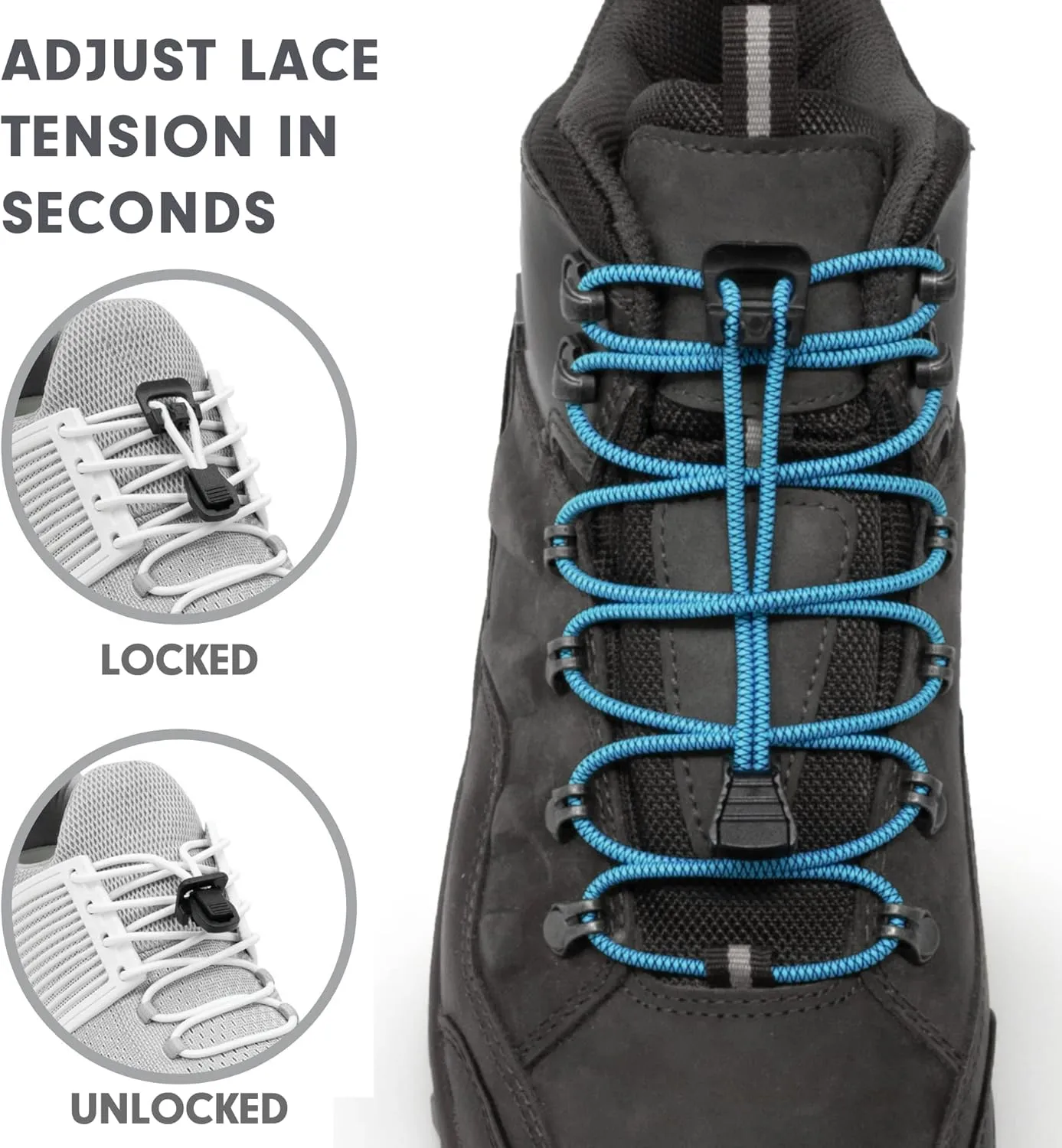 Xpand Round Lacing. Elastic No Tie Shoelaces - Quick Release Tension Control - One Size Fits All Adult and Kids Shoes