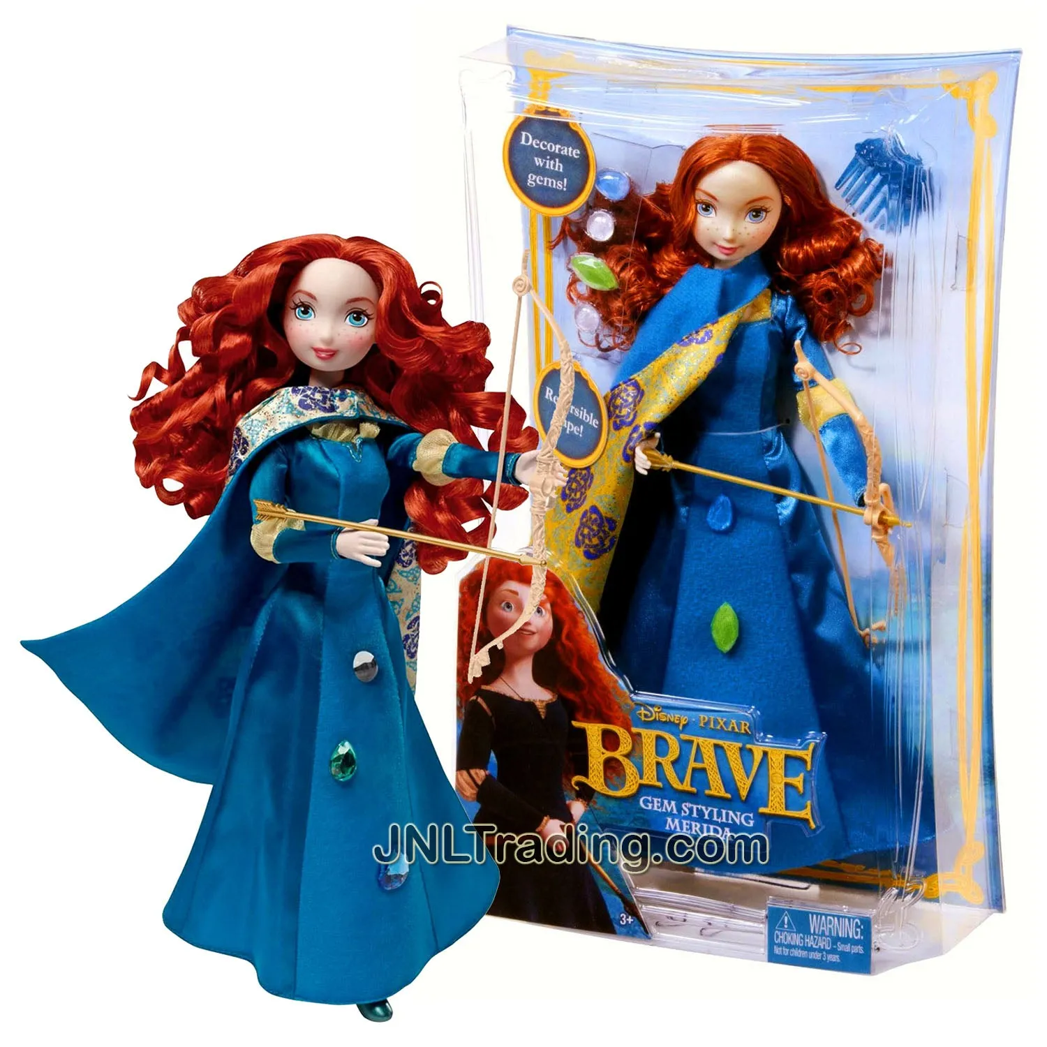 Year 2011 Disney Movie Series BRAVE 10.5 Inch Tall Doll Set - Gem Styling MERIDA with Reversible Cape, 4 Decorative Gems, Hairpin, Long Bow and Arrow